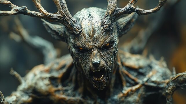 Fierce Deer-Like Creature with Tree Antlers. Generative AI