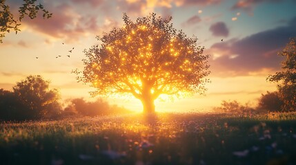 Obraz premium A vibrant tree of life symbol glowing in a peaceful meadow at sunset.