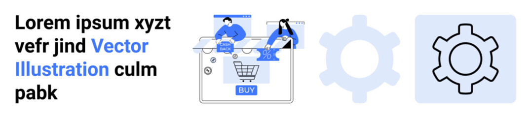 Characters interacting with an online shopping interface, gear icon symbolizing settings or customization. Ideal for e-commerce, online shopping, website settings, digital business, modernization