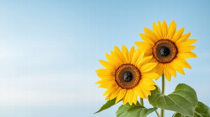 Emotional Value concept. Two vibrant sunflowers against a clear blue sky.