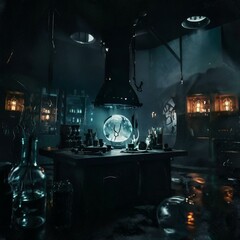 Mystical alchemist's workshop with glowing vials, swirling vapors, and ancient tomes
