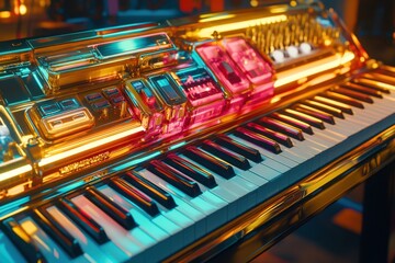 Futuristic gold keyboard with neon lights; vibrant synth design. Ideal for music, technology, and futuristic themes; evokes creativity and innovation.