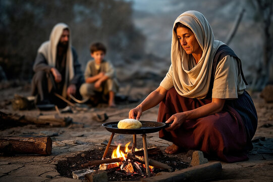 a widow of zarephath with her boy baking a bread for Elijah, Bible Story 03
