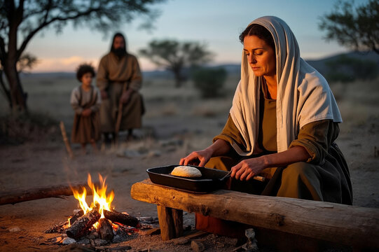 a widow of zarephath with her boy baking a bread for Elijah, Bible Story 04
