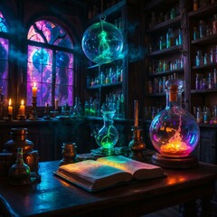 Mystical alchemist's workshop with glowing vials, swirling vapors, and ancient tomes