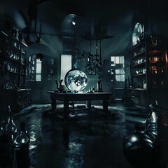 Mystical alchemist's workshop with glowing vials, swirling vapors, and ancient tomes