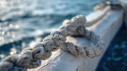 Fototapeta premium Close-up of nautical rope tied on boat, ocean background.