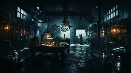 Mystical alchemist's workshop with glowing vials, swirling vapors, and ancient tomes