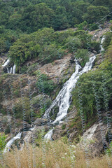 India, Karnataka, Barachukki Waterfallss, a close up of a hillside next to a rock wall with Devon Falls in the background