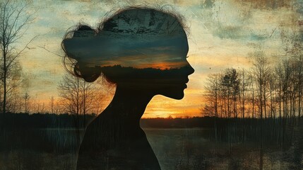 Fototapeta premium Silhouette of a woman with sunset landscape overlaid on her face, textured background. Ideal for concepts of inner peace, dreams, or finding oneself.
