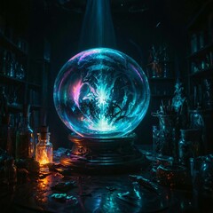 Mystical alchemist's workshop with glowing vials, swirling vapors, and ancient tomes