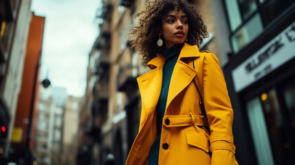 Fototapeta premium Urban fashion scene featuring a model in a vibrant yellow trench coat