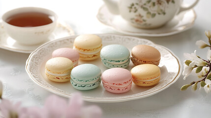 Obraz premium Pastel easter egg shaped macarons on floral plate for spring celebrations