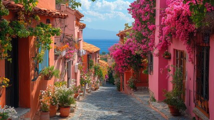 Fototapeta premium Charming Village Street with Flowers and Colorful Houses. Generative AI