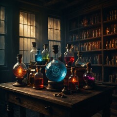 Mystical alchemist's workshop with glowing vials, swirling vapors, and ancient tomes