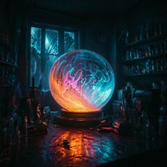 Mystical alchemist's workshop with glowing vials, swirling vapors, and ancient tomes