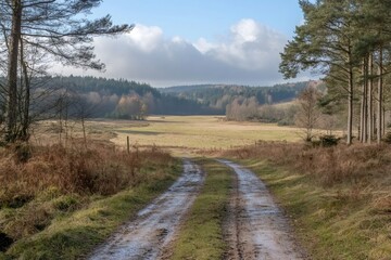 Dirt road leading through fields to coniferous forest on cloudy day