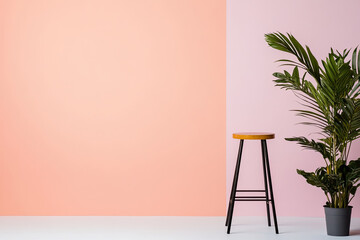 Minimalist interior design with stool and plant on pink and peach background