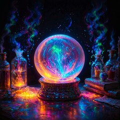 Mystical alchemist's workshop with glowing vials, swirling vapors, and ancient tomes