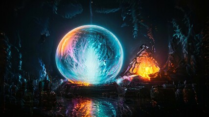 Mystical alchemist's workshop with glowing vials, swirling vapors, and ancient tomes