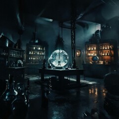 Mystical alchemist's workshop with glowing vials, swirling vapors, and ancient tomes