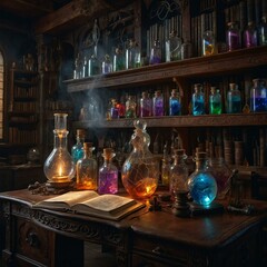 Mystical alchemist's workshop with glowing vials, swirling vapors, and ancient tomes