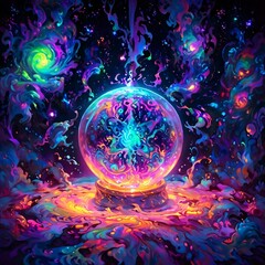 Mystical alchemist's workshop with glowing vials, swirling vapors, and ancient tomes