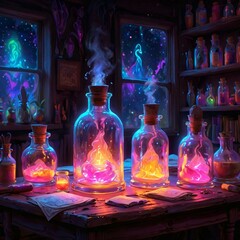 Mystical alchemist's workshop with glowing vials, swirling vapors, and ancient tomes