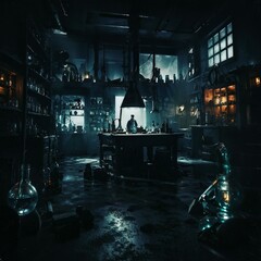 Mystical alchemist's workshop with glowing vials, swirling vapors, and ancient tomes