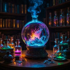Mystical alchemist's workshop with glowing vials, swirling vapors, and ancient tomes