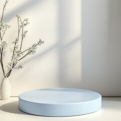 Fototapeta premium Light Blue Round Product Display Platform with White Flowers