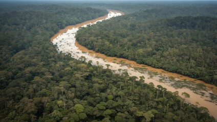 Obraz premium Amazon Rainforest Aerial Perspective: A Generative AI Artwork of Nature's Splendor