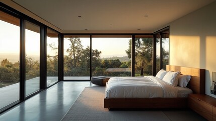 A modern bedroom with large floor-to-ceiling windows allowing morning light to flood the room, highlighting minimalist decor