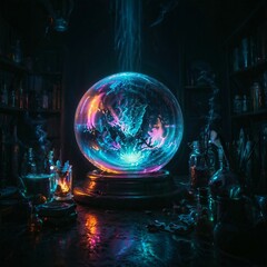 Mystical alchemist's workshop with glowing vials, swirling vapors, and ancient tomes