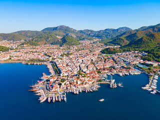 Marmaris marina aerial panoramic view in Mugla Province in Turkey