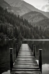 Fototapeta premium black and white wallpaper, Deserted wooden bridge fading into serene mountain lake