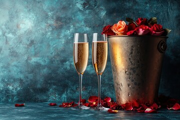 Romantic Champagne Glasses with Rose Petals and Bouquet in Bucket on Textured Background for Valentine's Day Celebration Concept