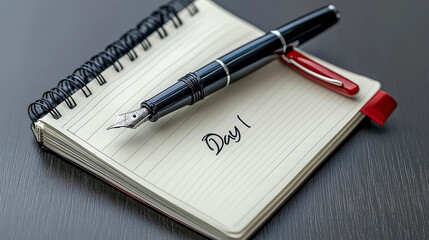 Naklejka premium A fountain pen rests on a spiral notebook with Day 1 written in ink.