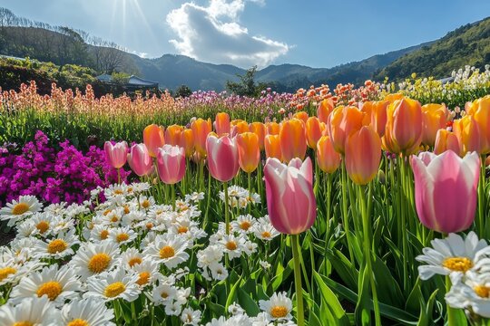 Vibrant tulip fields bloom under a clear blue sky with distant mountains and sunlight
