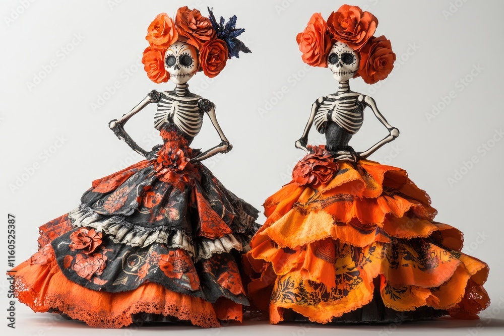 Wall mural Two catrinas wearing orange roses on dia de los muertos posing with hands on hips