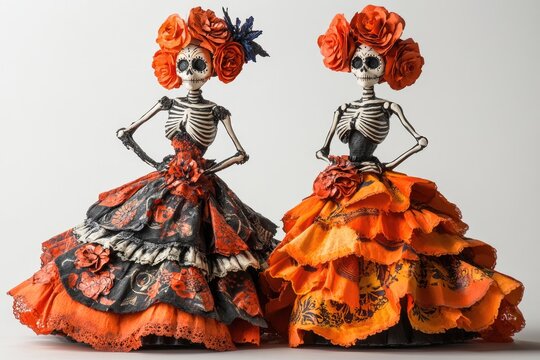 Two catrinas wearing orange roses on dia de los muertos posing with hands on hips