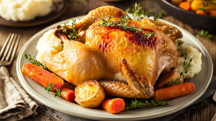 Succulent chicken legs garnished with herbs, baked to a golden perfection, served hot in a rustic round cast iron skillet.