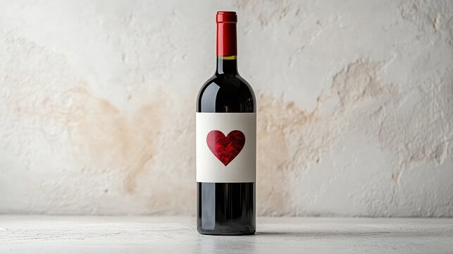 Wine bottle with heart label, romantic gift idea, elegant design for Valentine's Day, wine packaging inspiration, love theme concept