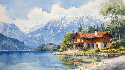 Fototapeta premium Watercolor House by Mountain Lake. Generative AI