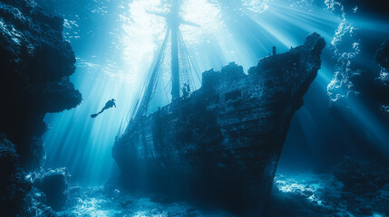 A diver explores a magnificent sunken ship, surrounded by enchanting marine life and beams of light penetrating the ocean surface, creating an awe-inspiring underwater scene.