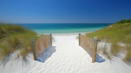 A serene beach pathway leading to turquoise waters and sandy shores.