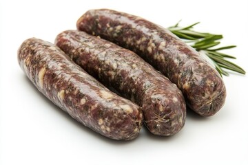Raw sausages with herbs lying on white background