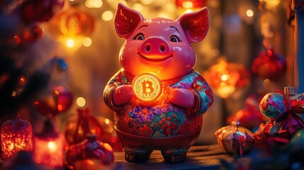 A vibrant ceramic pig holding a glowing coin, surrounded by festive decorations
