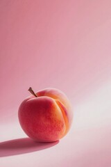 Minimalist close-up of a ripe peach with vibrant red and yellow tones on a gradient pink background, showcasing soft shadows and fresh texture details