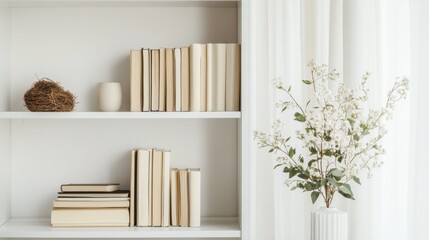 A minimalist bookshelf with neatly arranged books and a few natural decor pieces